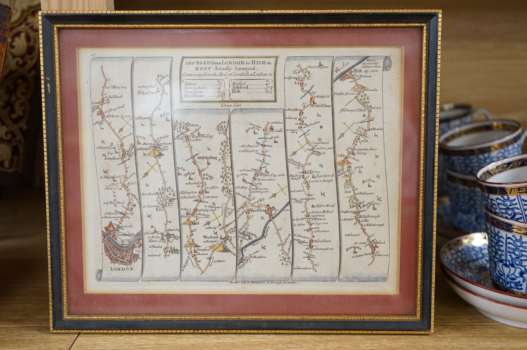 Ogilby & Senex, hand coloured engraved road map, 'Road from London to Hith in Kent’, 17 x 21cm